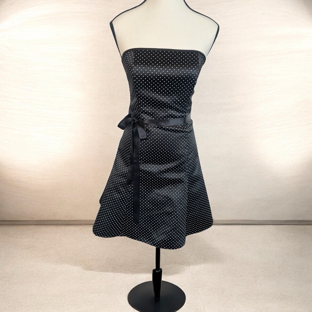 Jessica McClintock Gunne Sax Strapless Polka Dot Dress White Bow Waist Vintage